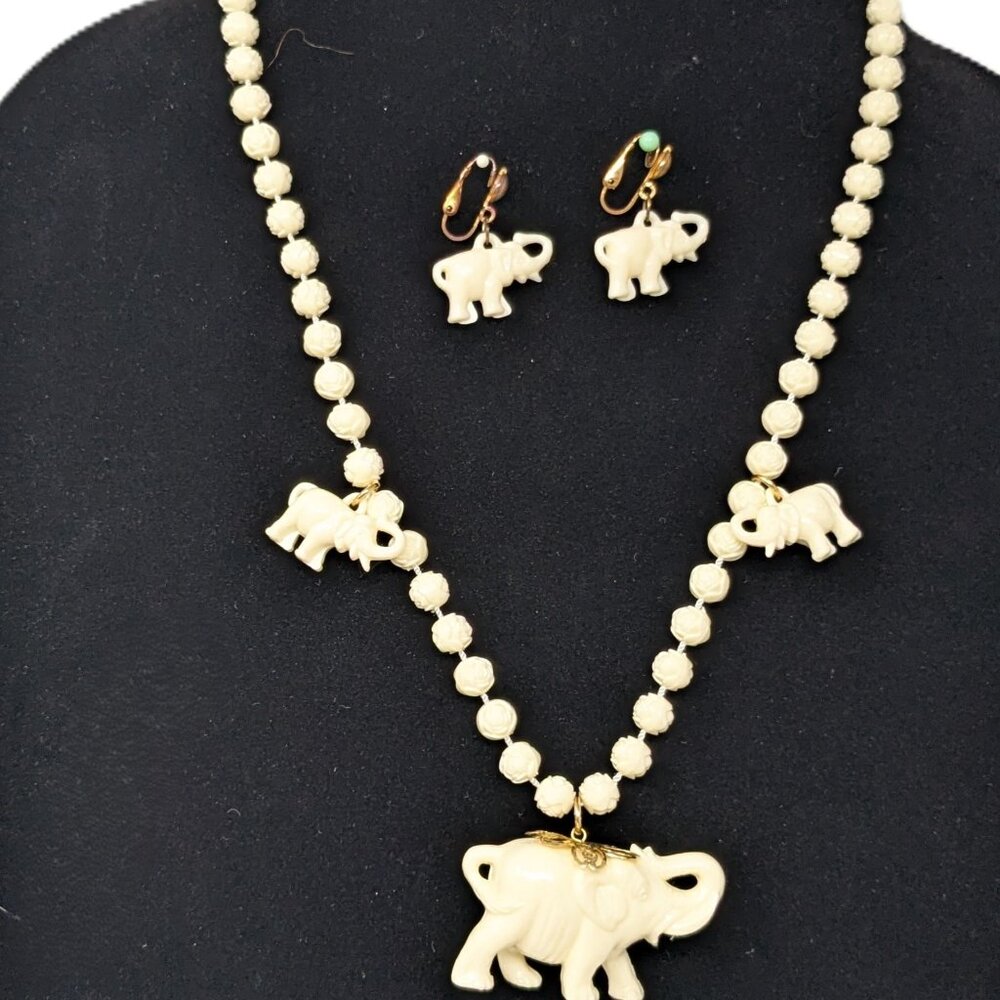 Vintage Elephant Necklace Earing set Ivory Color Carved Rose Beads Clip on